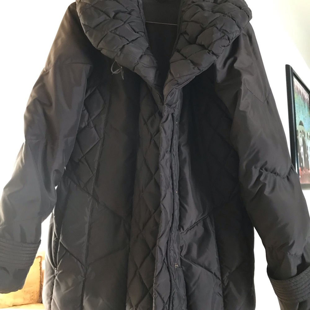 Larry Levine brown down waterfowl feather coat.